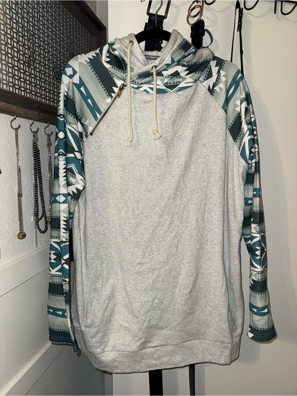 Women’s Grey Doublehooded Pullover Sweatshirt With Teal Aztec Patterned Sleeves